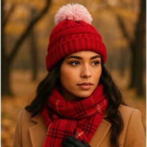 LA Hearts Red Knit Beanie Hat One Size with Pink Pom Pom PacSun Cozycore